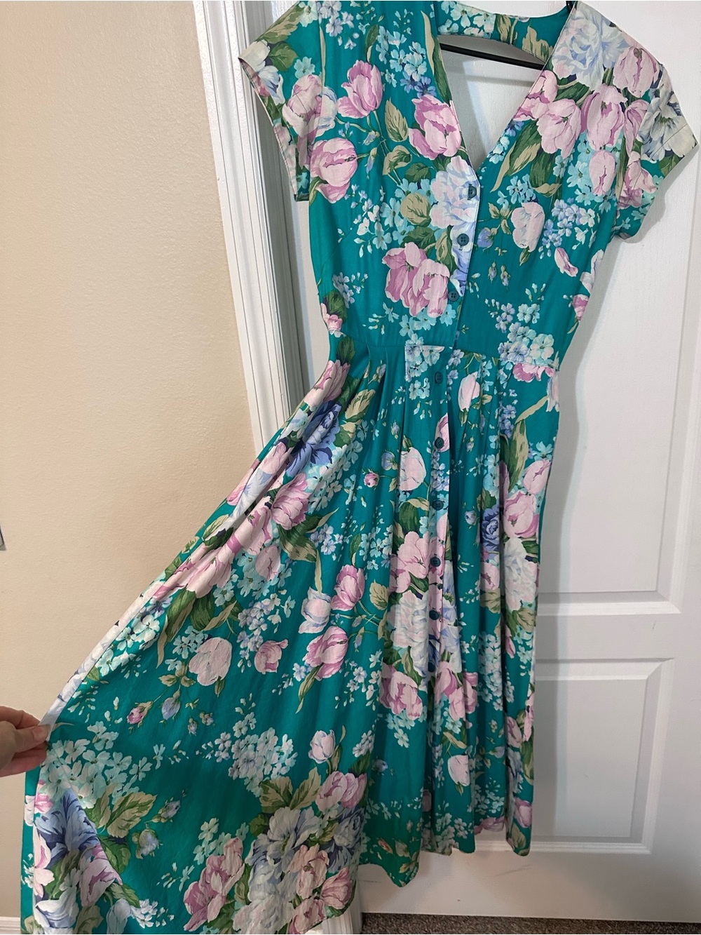 Vintage 80s Carol Anderson Floral Midi Dress Open Back Pockets M/L